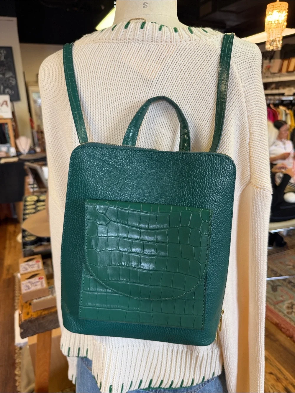 Green Croc-Texture Leather Backpack for Men